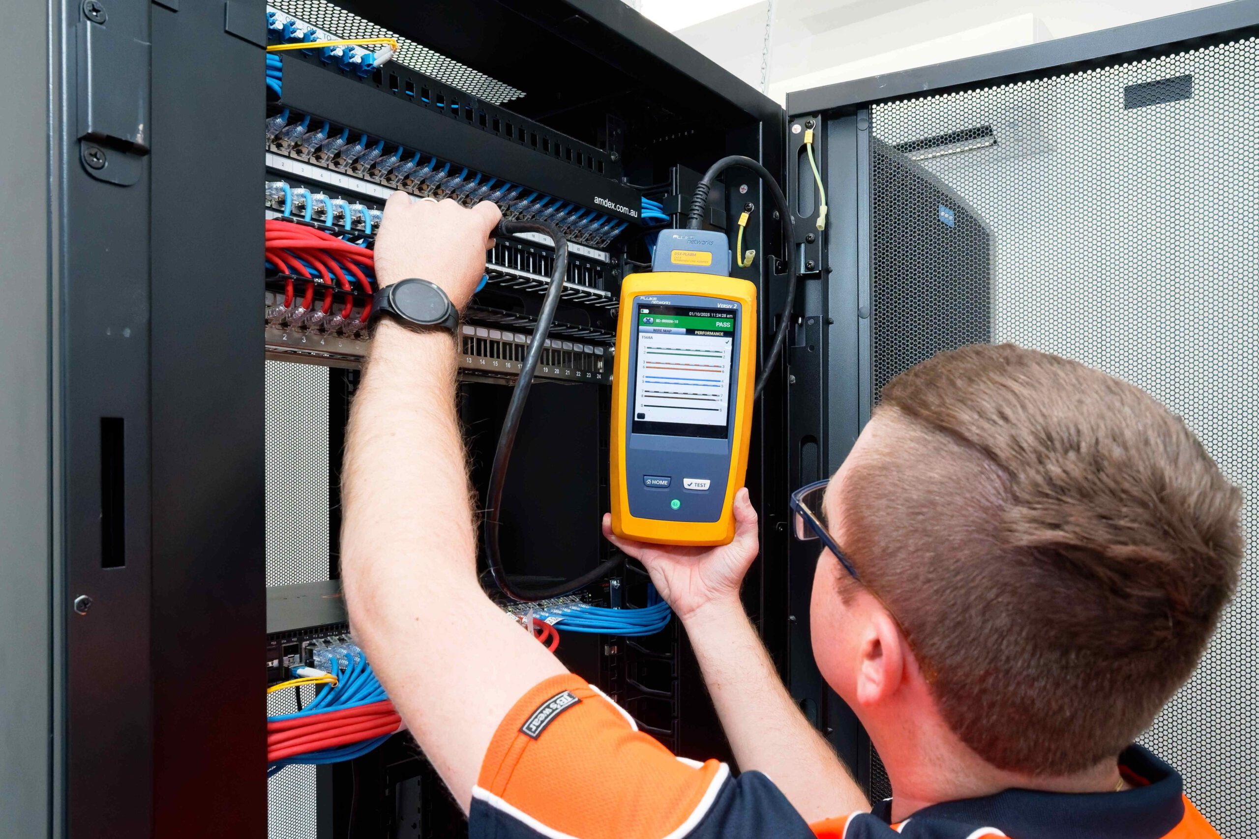 Cat6A Permanent Link Channel Testing at Comms Server Rack